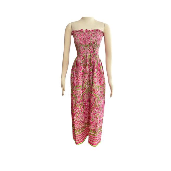 1990s Pink & Green Mod Paisley Strapless Smock Bodice Maxi Boho Dress Size Small - Picture 9 of 9